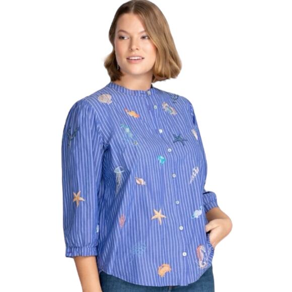 Johnny Was Portia Puff Sleeve Shirt Striped Embroidery Blue Size 2X - Picture 1 of 10